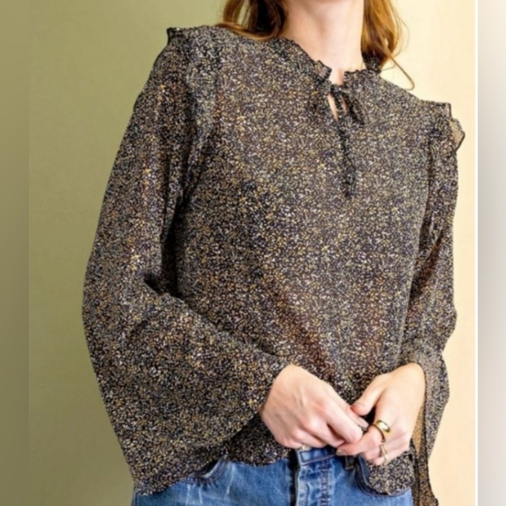 🌸NWT Easel Ruffled Printed Chiffon Blouse. Tie Neck Closure. 1 SM 1 M 1 LG - Picture 4 of 12